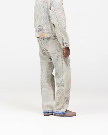 Represent Sketch Allover Print Wide Leg Jeans Heavy Washed Distressed Ripped Raw Hem Straight Denim | Rept Wide