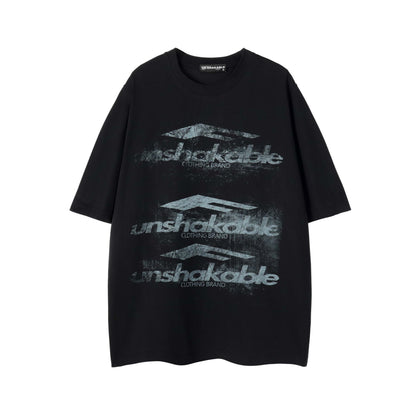 Unshakable Triple Logo Distressed Print Oversized Tee Vintage Washed Streetwear Short Sleeve T-Shirt