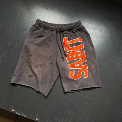 Saint Michael Orange Block Print Washed Shorts Oversized Cotton Terry Drawstring Distressed Streetwear | Saint Orange