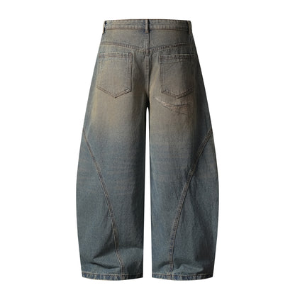 Heavy Ripped Multi-Panel Barrel Wide Leg Jeans Earth Tone Mud Wash Distressed Arc Seam High Waist Baggy Denim Trousers | Rip Arc