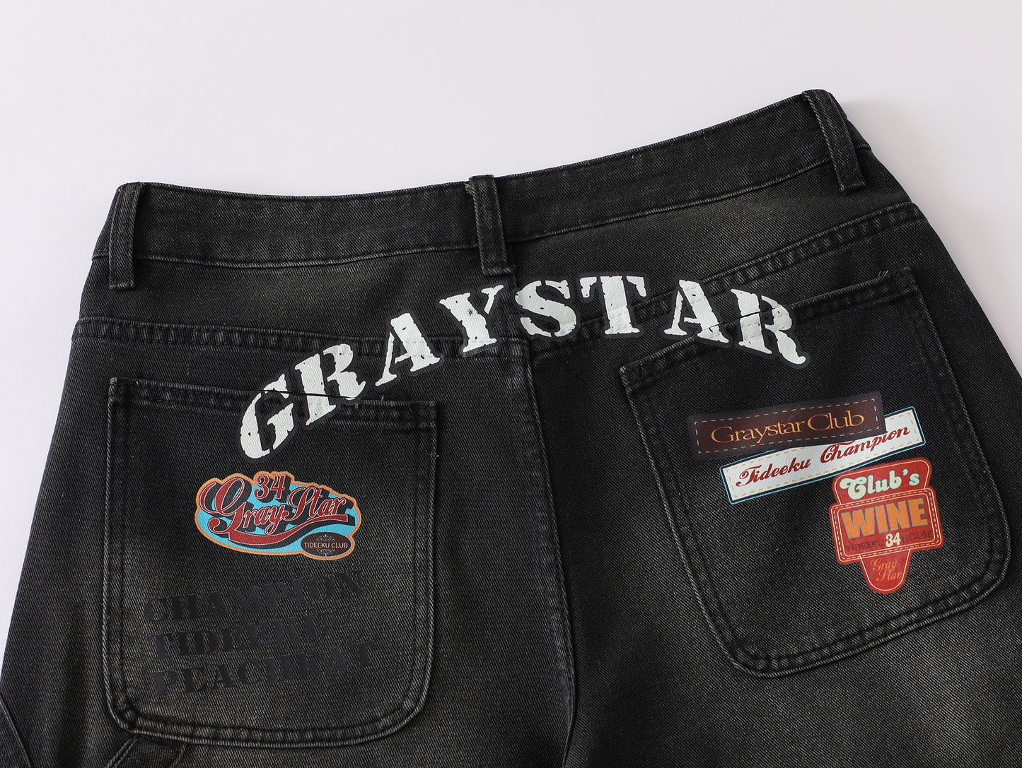 GRAYSTAR Patch Embroidered Cargo Jeans Wide Leg High Waist Washed Black Diagonal Seam Streetwear Denim Trousers | Gray Star