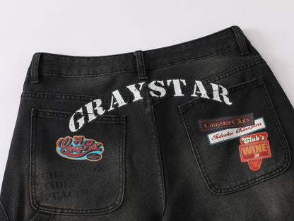 GRAYSTAR Patch Embroidered Cargo Jeans Wide Leg High Waist Washed Black Diagonal Seam Streetwear Denim Trousers | Gray Star