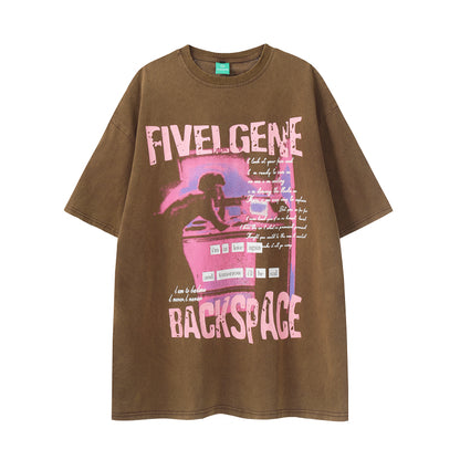Oversized Graphic Print T-Shirt Short Sleeve Washed Vintage Streetwear Casual Summer Tee