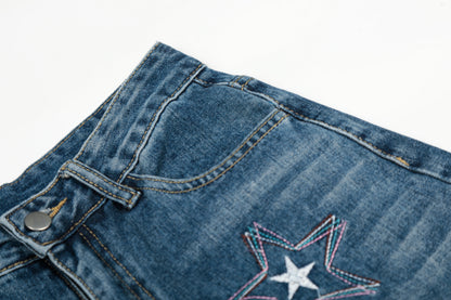Star Embroidery Wide Leg Barrel Jeans High Waist Washed Y2K Streetwear Denim Pants