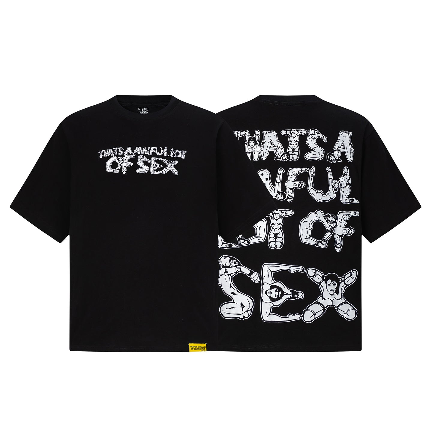 Black unisex oversized graphic T-shirt with white figure lettering print on front and back - view 13