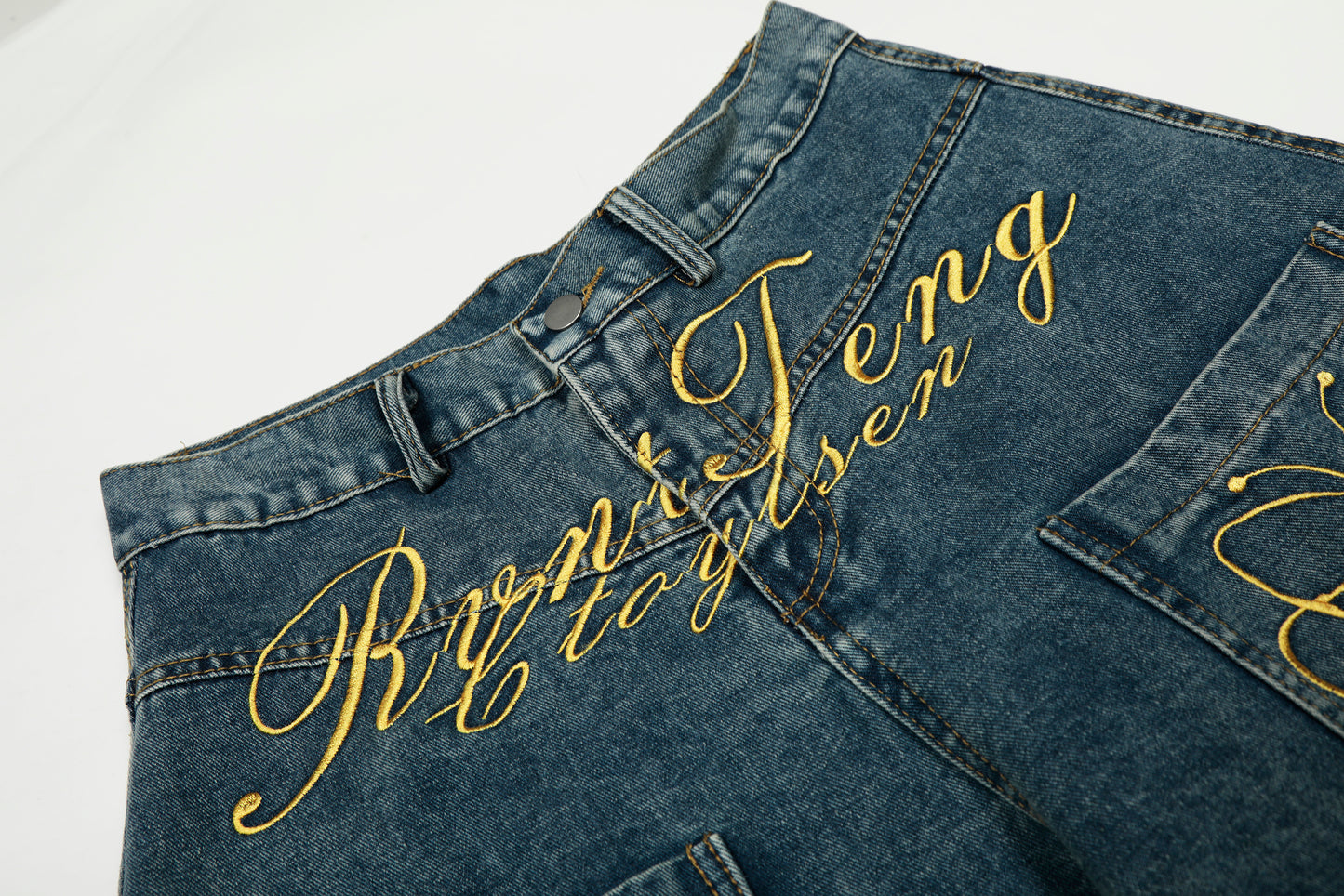 Women's RyntFeng Toysen Gold Script Floral Embroidery Balloon Wide Leg Denim Jeans High Waist Y2K Streetwear Baggy Jean Pants