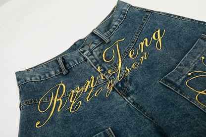Women's RyntFeng Toysen Gold Script Floral Embroidery Balloon Wide Leg Denim Jeans High Waist Y2K Streetwear Baggy Jean Pants