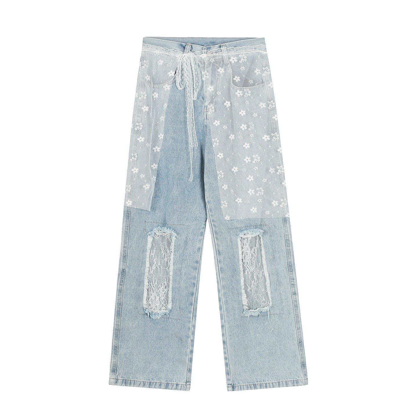 Women's Lace Belt Floral Patchwork Ripped Wide Leg Jeans - Blue Detail View