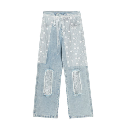 Women's Lace Belt Floral Print Patchwork Lace Ripped Wide Leg Jeans High Waist Y2K Vintage Wash Denim Trousers