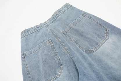 Plaid Scarf Waist Tie Drawstring Wide Leg Jeans Cargo Pocket Hem Slit Baggy Denim Y2K Streetwear