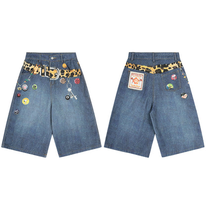 Women's RVNTENG Leopard Belt Multi-Badge Key Charm Wide Leg Denim Shorts High Waist Y2K Streetwear Jean Shorts