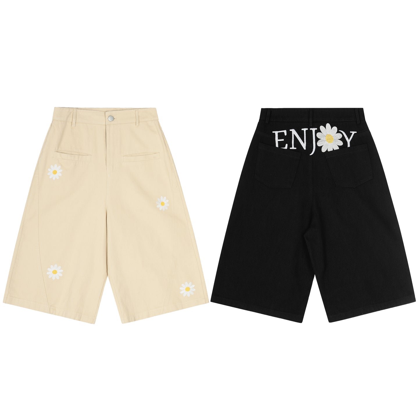 Women's ENJOY Daisy Embroidery High Waist Wide Leg Shorts - Khaki Front View