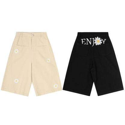 Women's ENJOY Daisy Flower Embroidery High Waist Wide Leg Shorts Casual Streetwear Summer Bermuda Shorts