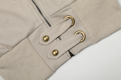 Attitude Rivet Letter Distressed Crop Zip Hoodie Studded Waist Buckle Y2K Streetwear Sweatshirt