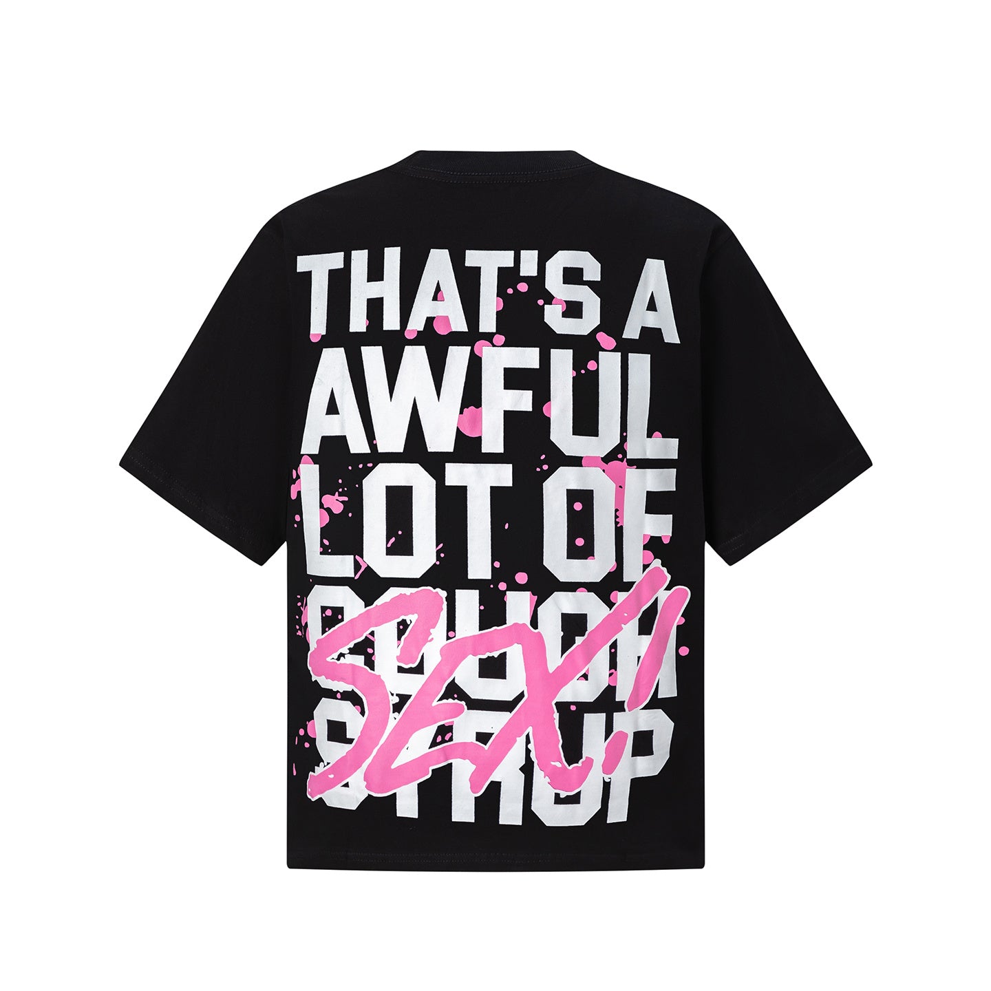 Black unisex graphic T-shirt with bold pink and white front and back prints - view 13
