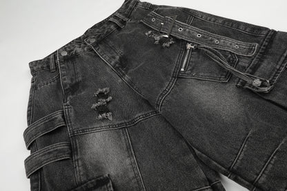 Women's Multi-Pocket Buckle Strap Distressed Denim Shorts High Waist Wide Leg Raw Hem Casual Streetwear Jean Shorts