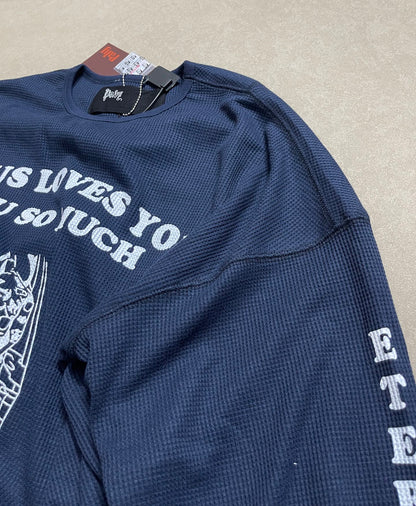 Eternal Life Graphic Print Long Sleeve Waffle Knit Oversized Tee Jesus Loves You Navy Streetwear Top | Eternal Navy
