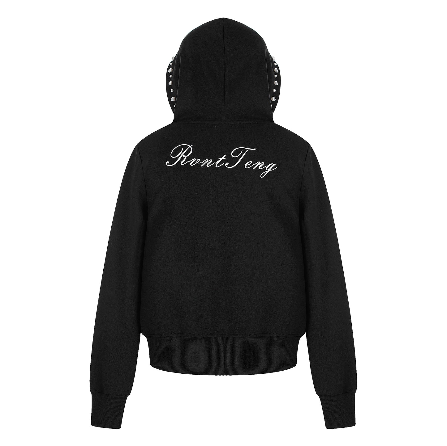 Women's RvntTeng Pearl Studded Hood Pocket Zip Hoodie - Black Back View