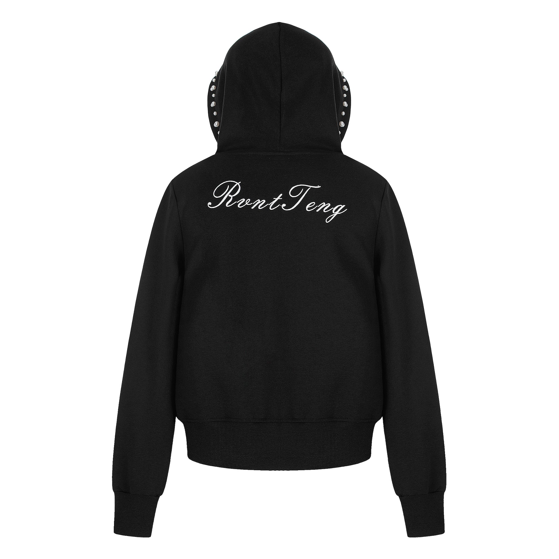 Women's RvntTeng Pearl Studded Hood Pocket Zip Hoodie - Black Back View