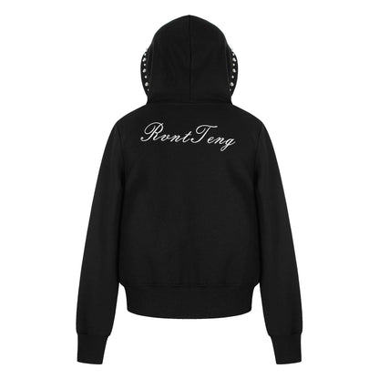 Women's RvntTeng Pearl Studded Hood Pocket Full Zip Hoodie Sweatshirt Long Sleeve Casual Streetwear Jacket