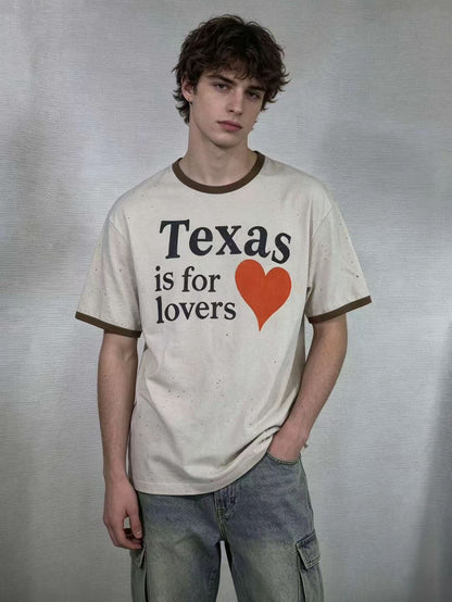 SECND SLF Texas Is For Lovers Ringer Tee Washed Cream Distressed Raw Hem Heart Print Vintage Western Streetwear | Texas Lover
