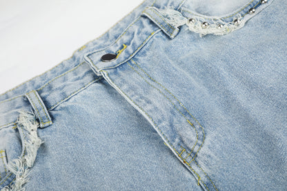 Women's Lace Trim Rhinestone Floral Cargo Wide Leg Jeans High Waist Light Wash Casual Streetwear Denim Pants