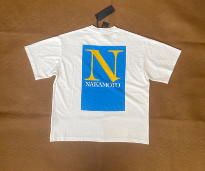 Satoshi Nakamoto SN Block Logo Dual Print Short Sleeve Tee Off-White 280g Washed Vintage Water Print Streetwear | SN Block Tee