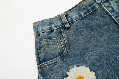 Women's Multicolor Daisy Floral Embroidery Balloon Wide Leg Denim Jeans High Waist Y2K Streetwear Baggy Jean Pants