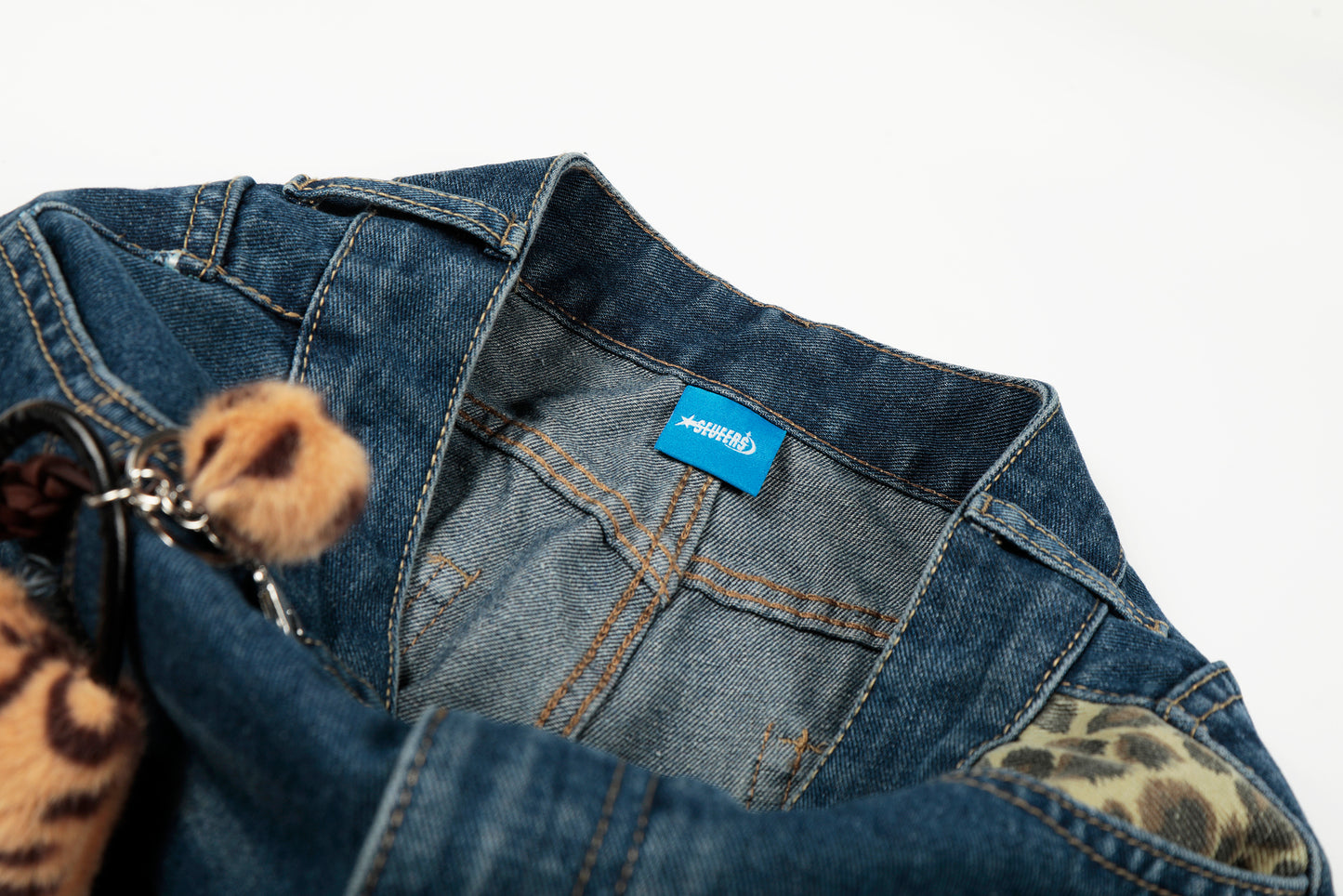Leopard Patchwork Raw Edge Wide Leg Barrel Jeans Charm Pendant High Waist Washed Y2K Streetwear