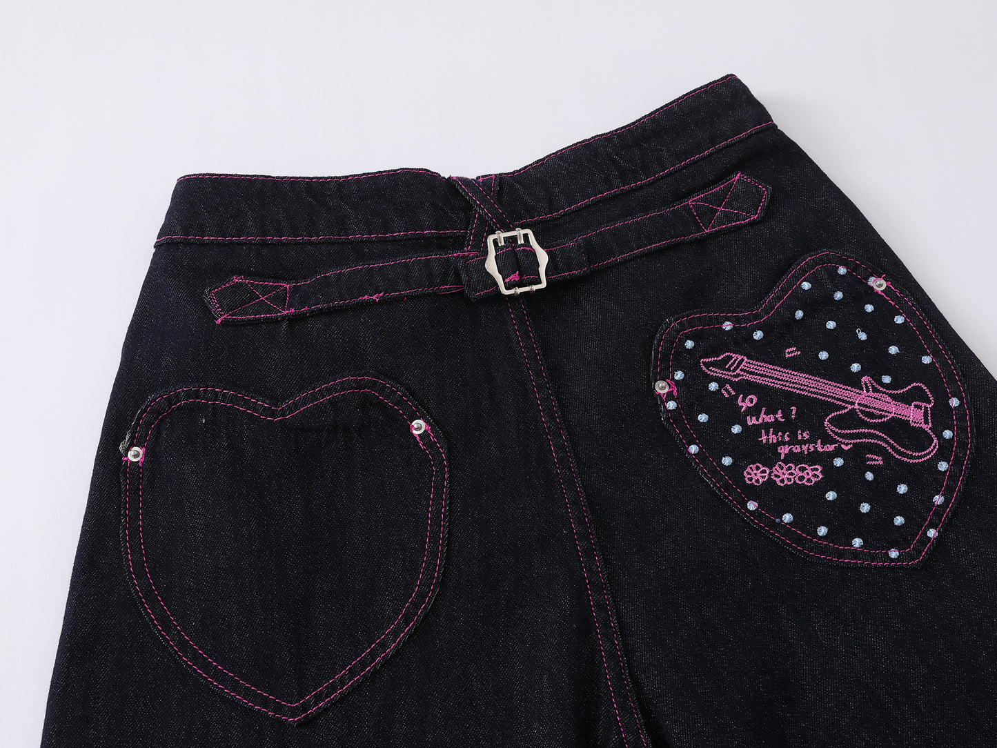 Heart Pocket Guitar Embroidery Wide Leg Denim Shorts Pink Stitch Button Fly Rhinestone Streetwear Baggy Jean Shorts | Rock Heart
