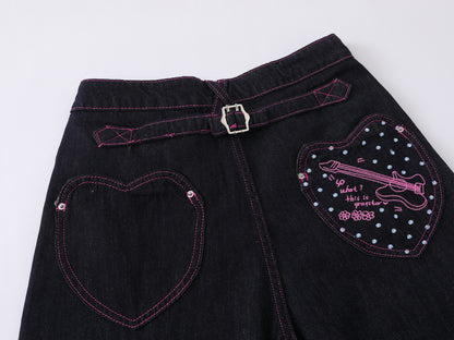 Heart Pocket Guitar Embroidery Wide Leg Denim Shorts Pink Stitch Button Fly Rhinestone Streetwear Baggy Jean Shorts | Rock Heart