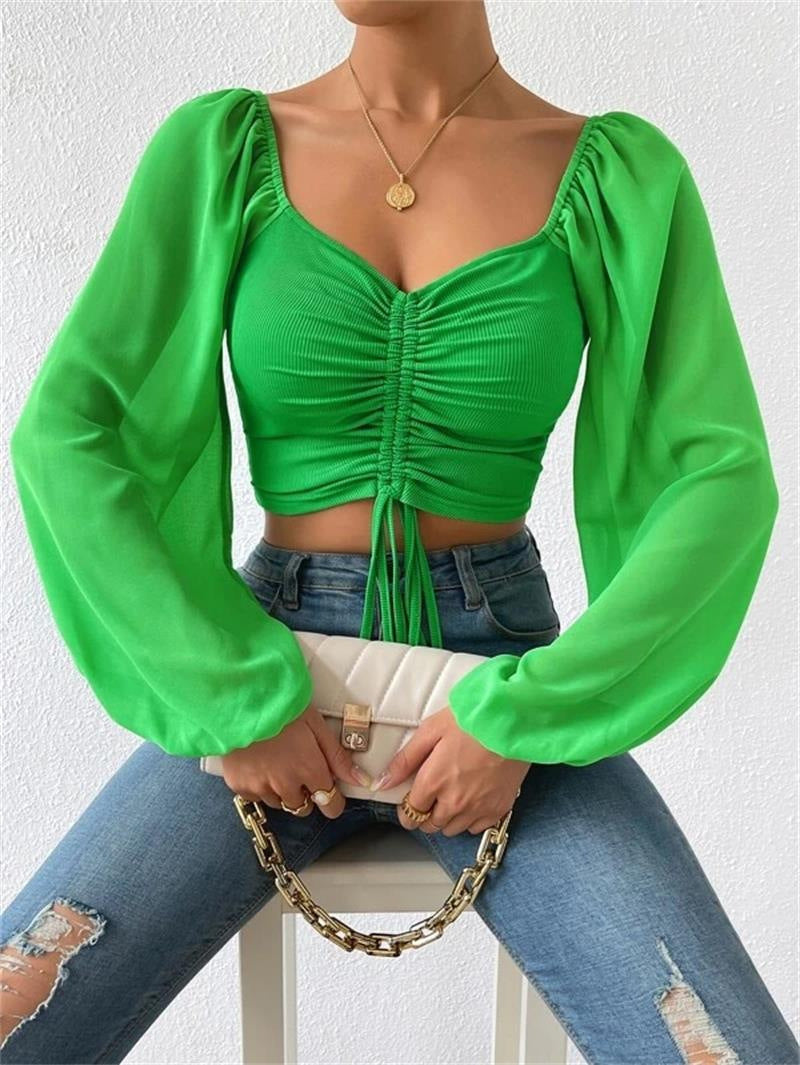 2024Amazon AliExpress Summer NewVCollar Chiffon Drawstring Lantern Sleeve Skinny Fashion Sexy Shirt Top