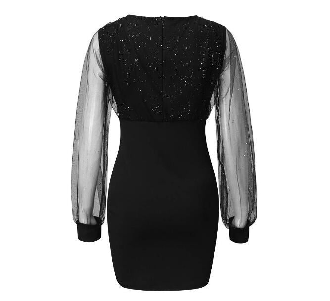 Mesh-Kleid mit V-Ausschnitt und Pailletten, schmales, sexy Kleid auf Lager