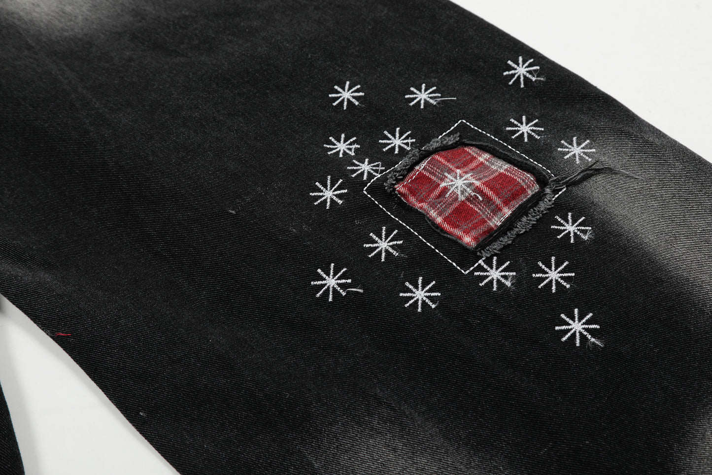 Red Plaid Patch Star Embroidery Wide Leg Jeans Washed Denim Patchwork Baggy Y2K Streetwear