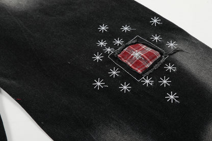 Red Plaid Patch Star Embroidery Wide Leg Jeans Washed Denim Patchwork Baggy Y2K Streetwear