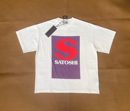 Satoshi Nakamoto SN Block Logo Dual Print Short Sleeve Tee Off-White 280g Washed Vintage Water Print Streetwear | SN Block Tee