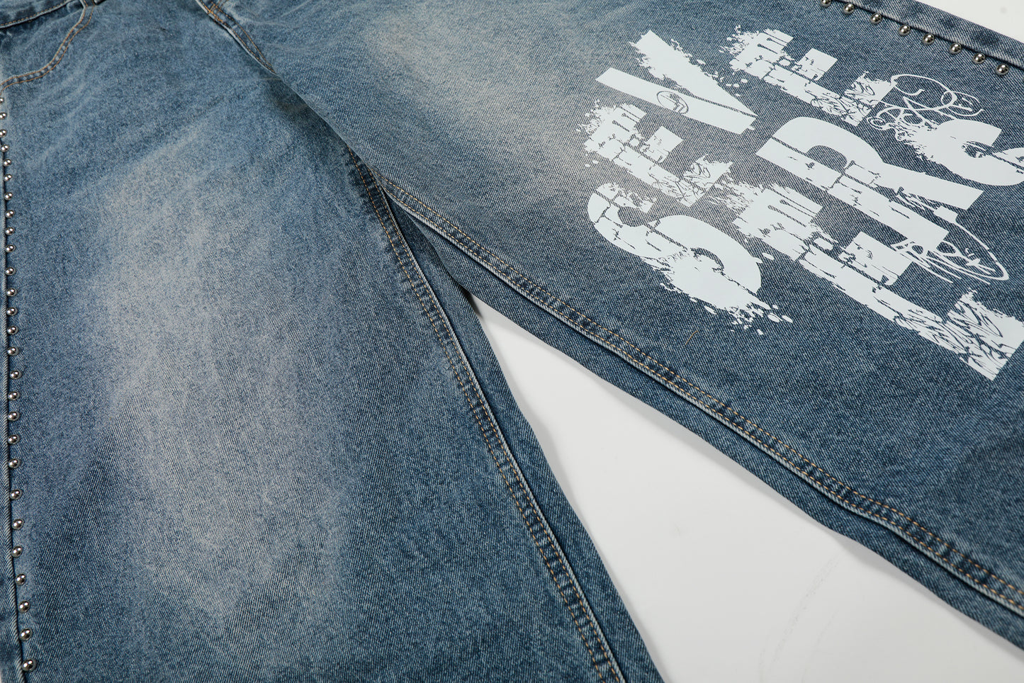 Severs Graffiti Letter Print Rivet Side Seam Wide Leg Barrel Jeans High Waist Washed Y2K Streetwear