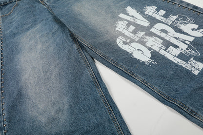 Severs Graffiti Letter Print Rivet Side Seam Wide Leg Barrel Jeans High Waist Washed Y2K Streetwear