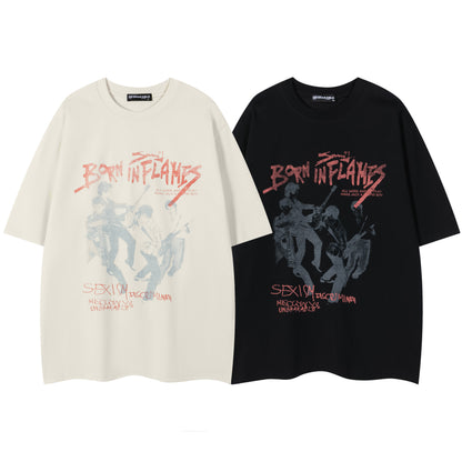 Born In Flames Rock Band Graphic Oversized Tee Grunge Guitarist Print Streetwear Short Sleeve T-Shirt