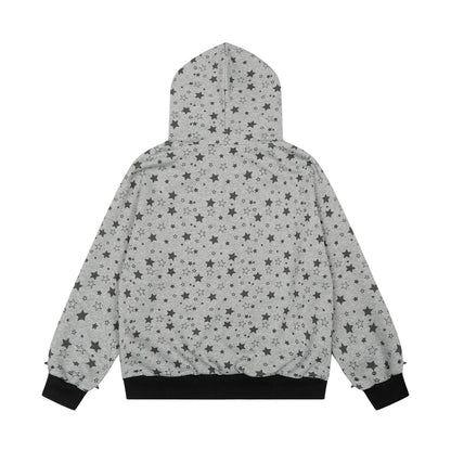 All Over Star Print Gothic Tree Graphic Zip Up Hoodie Oversized Rivet Cuff Y2K Streetwear Sweatshirt