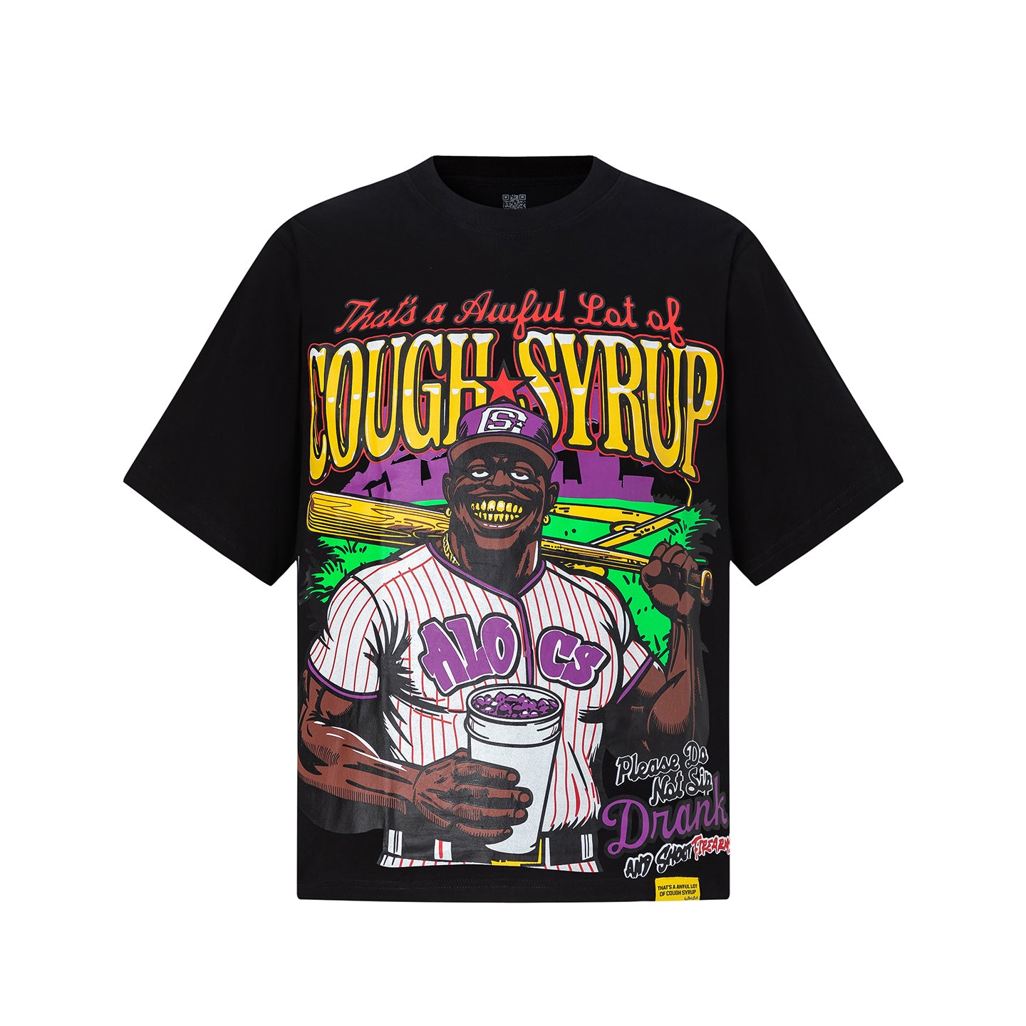 White oversized graphic T-shirt with colorful cough syrup and baseball player front print - view 14