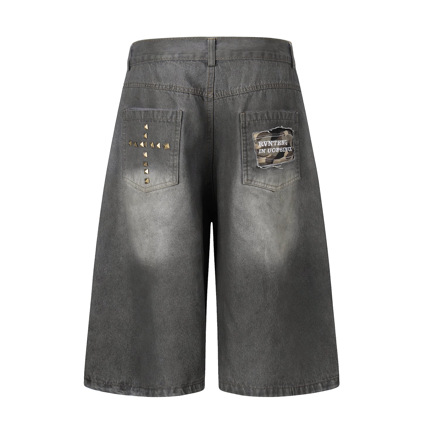 Women's Cross Rivet Camo Patch Wide Leg Denim Shorts - Blue Back Pocket Detail