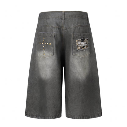 Women's Cross Rivet Camo Patch Wide Leg Denim Shorts High Waist Washed Streetwear RVNTENG Jean Shorts