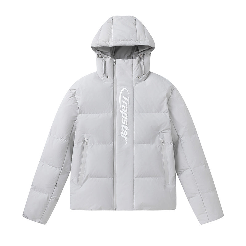 Light gray Trapstar hooded puffer jacket with front logo, full zip, quilted panels, and zippered pockets - view 14