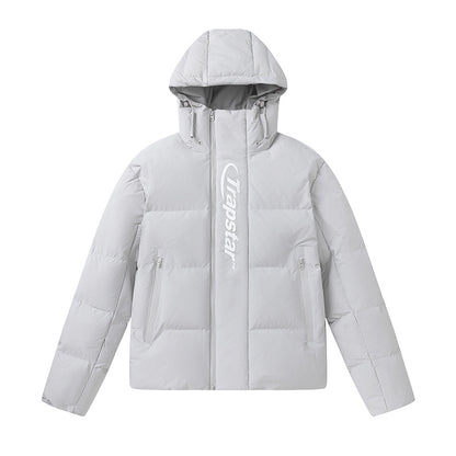 Trapstar Light Gray Logo Hooded Puffer Jacket, Quilted Full-Zip Streetwear Outerwear