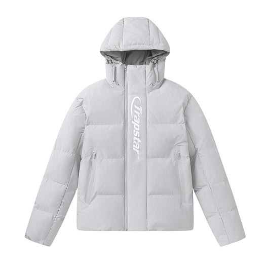 Light gray Trapstar hooded puffer jacket with front logo, full zip, quilted panels, and zippered pockets - view 14
