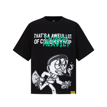 Unisex Graphic T-Shirt with Green Lettering, Cartoon Artwork and Crew Neck