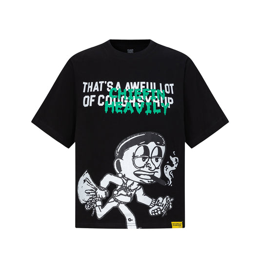Black and white unisex graphic T-shirts with bold green Chiefln Heavy lettering and cartoon artwork - view 14