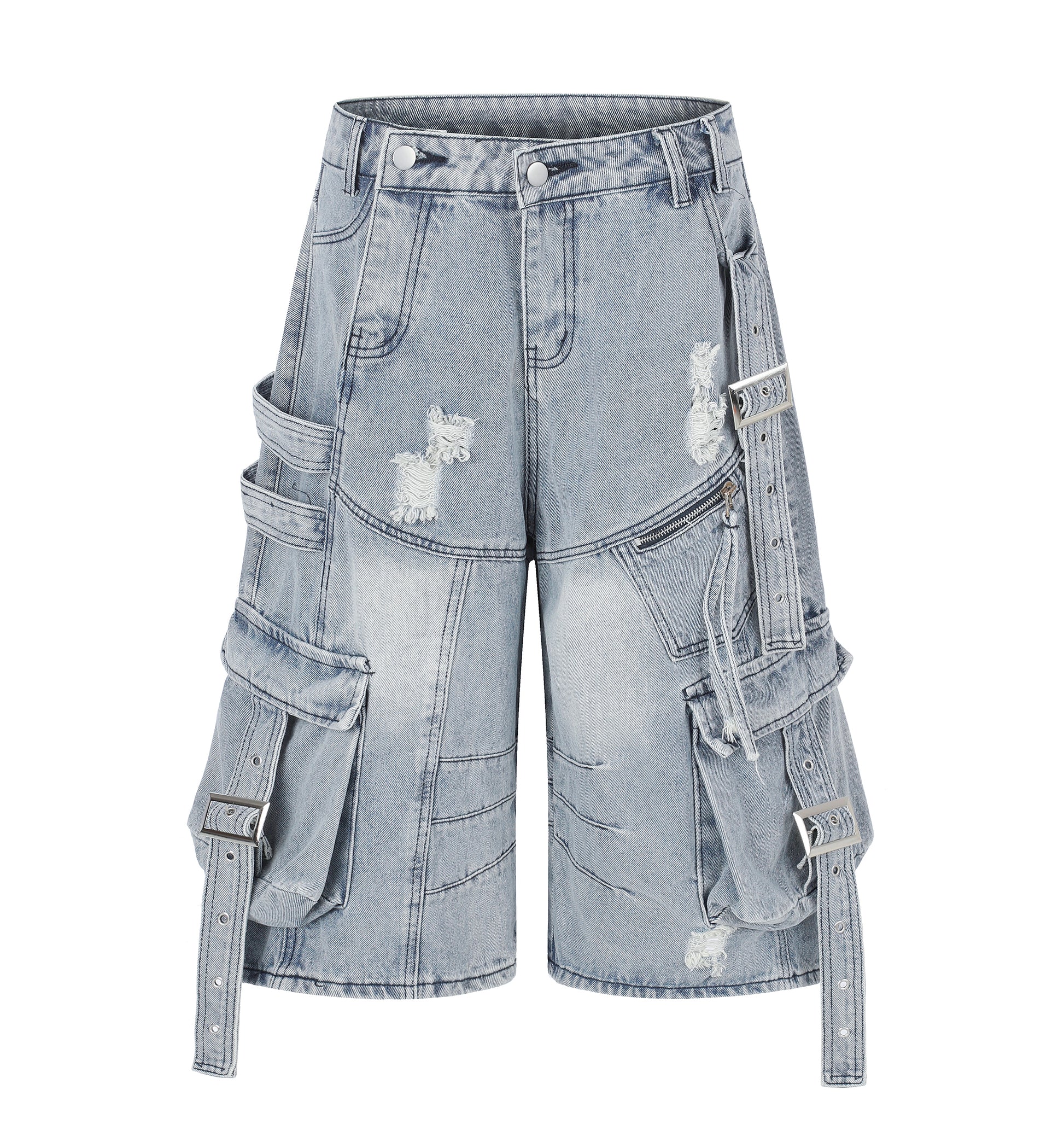 Women's Multi-Pocket Buckle Strap Denim Shorts - Black Front View
