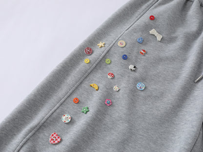 Colorful Button Badge Wide Leg Sweatpants Kawaii Charm Elastic Waist Baggy Fleece Pants Casual Streetwear Balloon Trousers | Button Drop